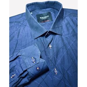 MACEOO Mens 2XL Blue Geo Long Sleeve Button Up Shirt Italian Jacquard Fabric